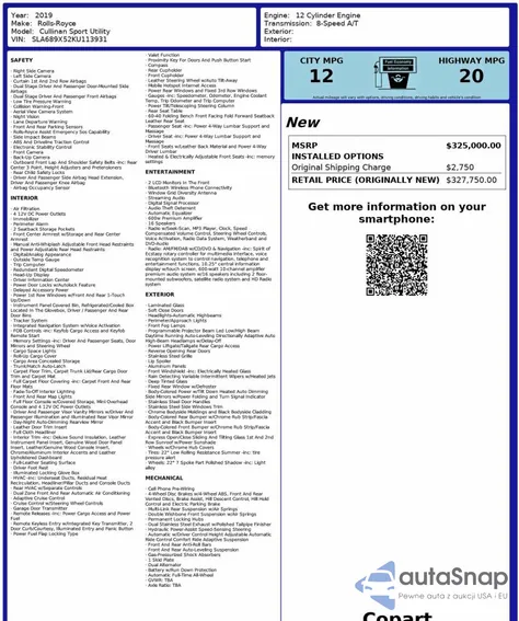 2019 Rolls-Royce Cullinan from USA, damaged, VIN SLA689X52KU113931